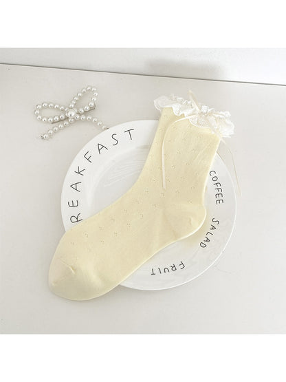 Rufia - Lace Trim Bow Detail Solid Color Crew Socks