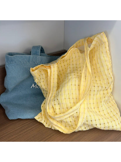 Cosbai lightweight shopper tote with check pattern, front view showing handles and spacious interior