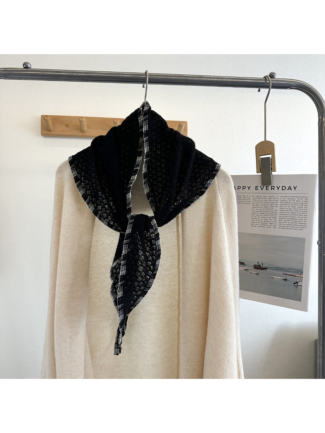 Scarvii - Open Knit Check Trim Triangle Scarf