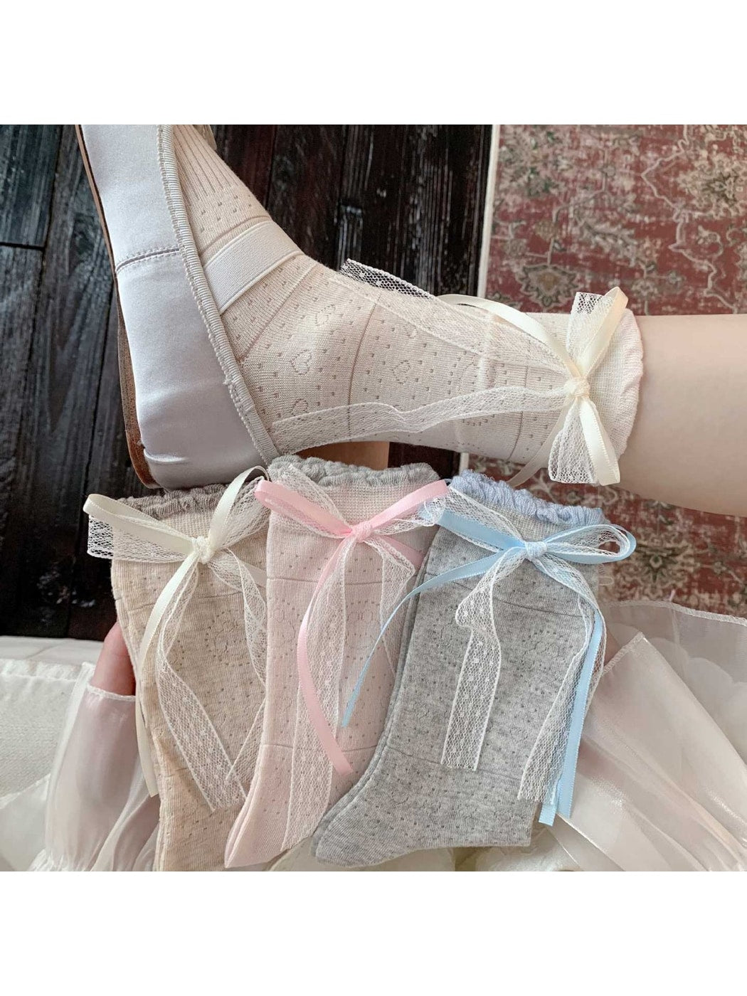 Rufia - Ribbon Bow Openwork Crew Socks