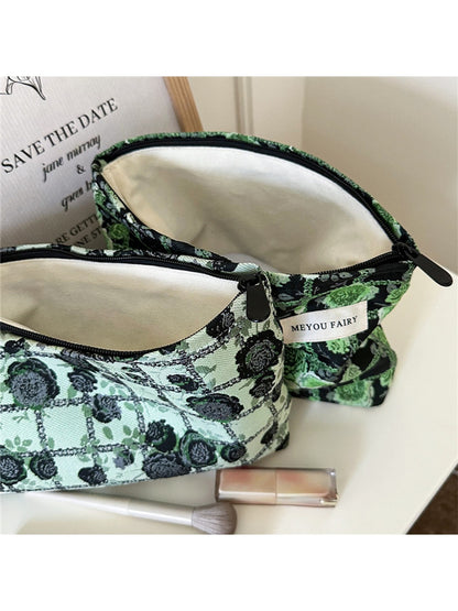 Cosbai - Floral and Grid Pattern Zip Pouch