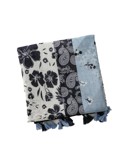 Scarvii - Blue Patchwork Paisley Tassel Wrap Scarf