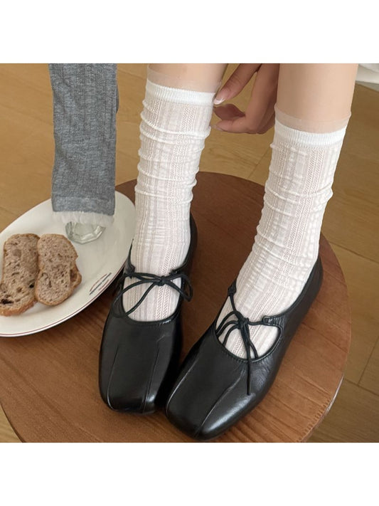 Rufia - Elegant Solid Color Ribbed Openwork Mid-calf Socks
