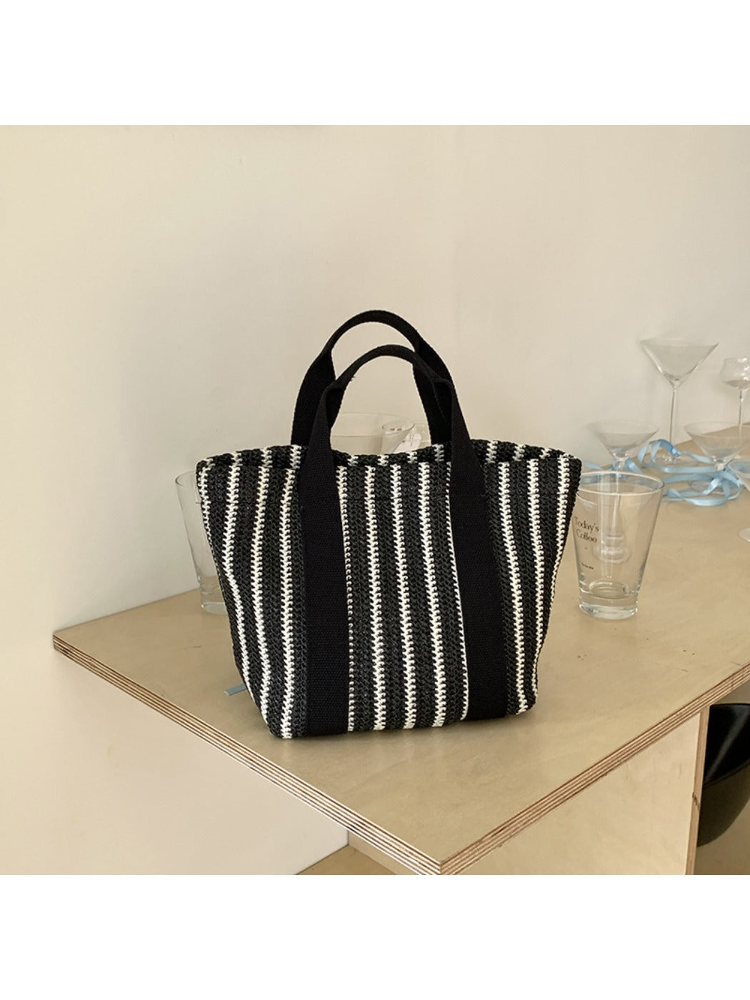 Cosbai - Striped Woven Tote & Handbag