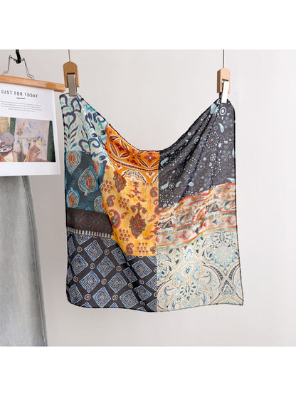 Scarvii scarf spread flat displaying full boho patchwork design