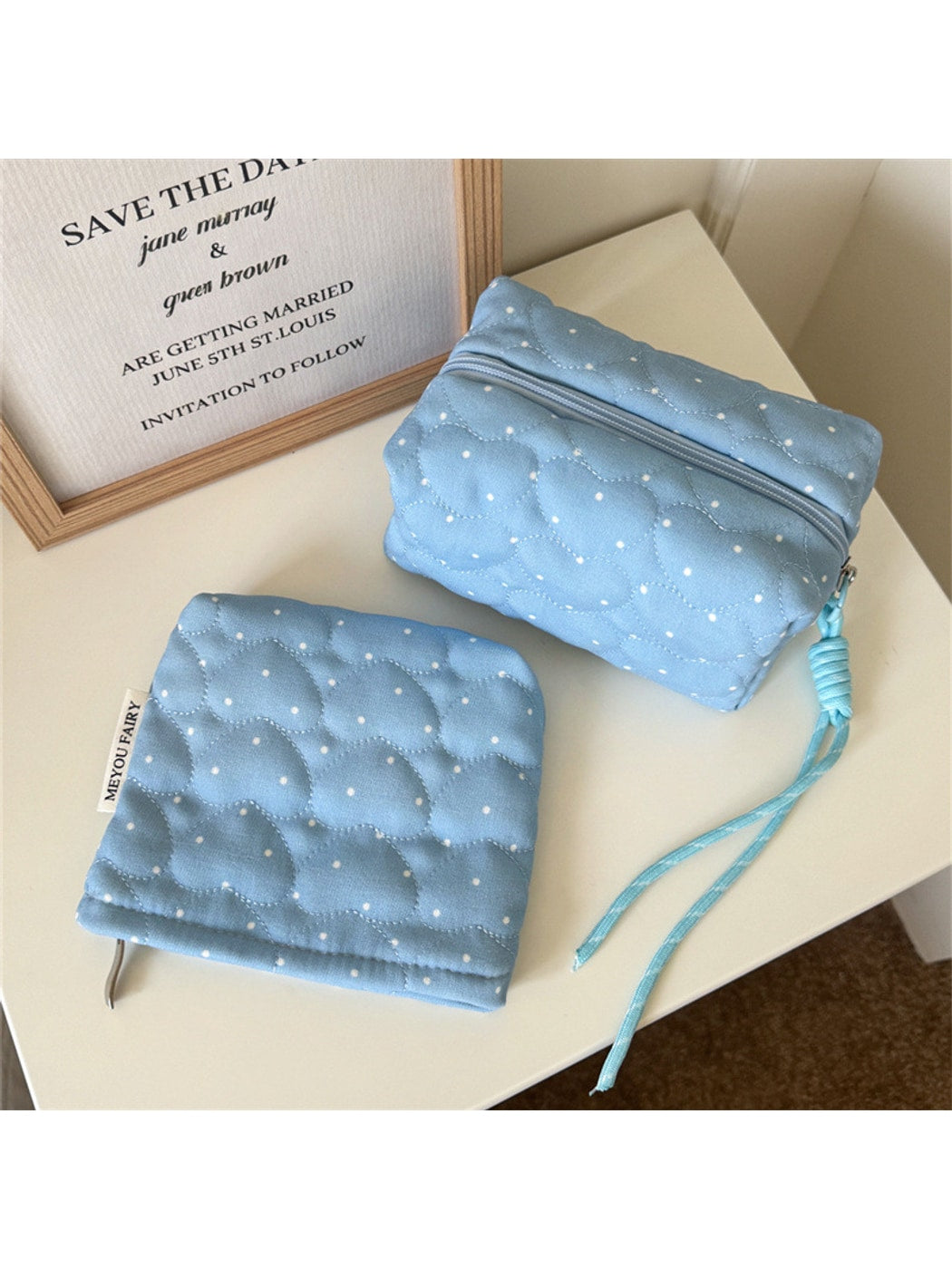 Cosbai - Polka Dots Print Heart Quilted Cosmetic Bag