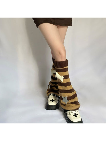 Cozyra - Bone and Star Detail Striped Knit Leg Warmers