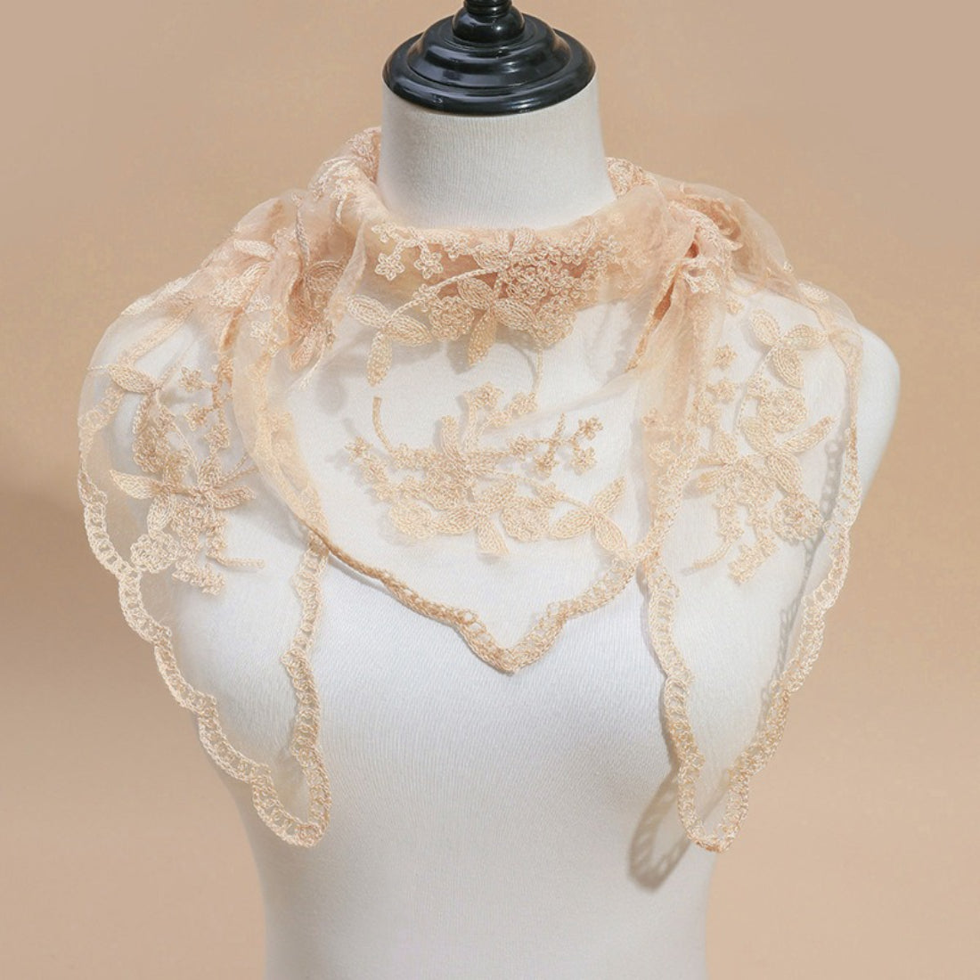 Haila lace veil head scarf styled as a head covering on model outdoors