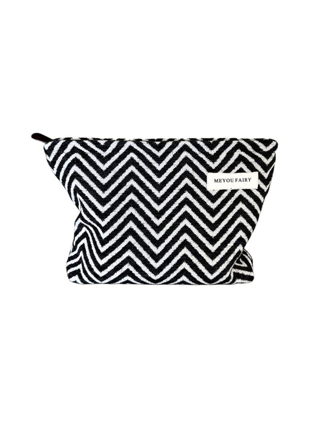 Cosbai Zigzag Print Zip Pouch with black and white zigzag pattern on a flat surface