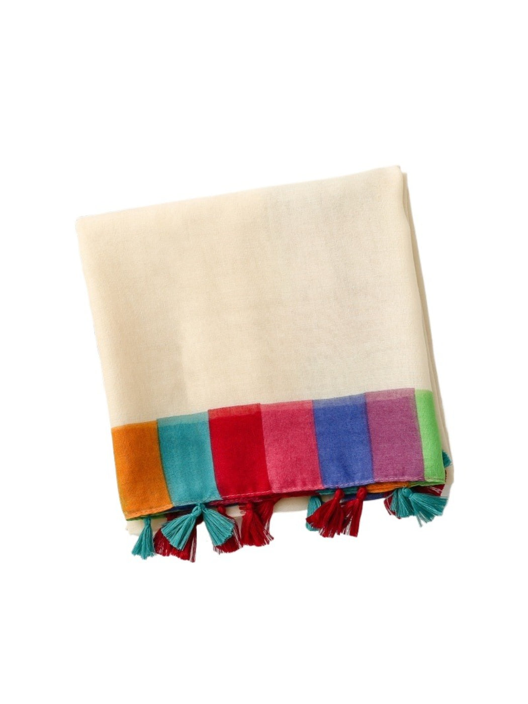 Model wearing Scarvii Rainbow Border Tassel Scarf draped around neck with colorful border visible