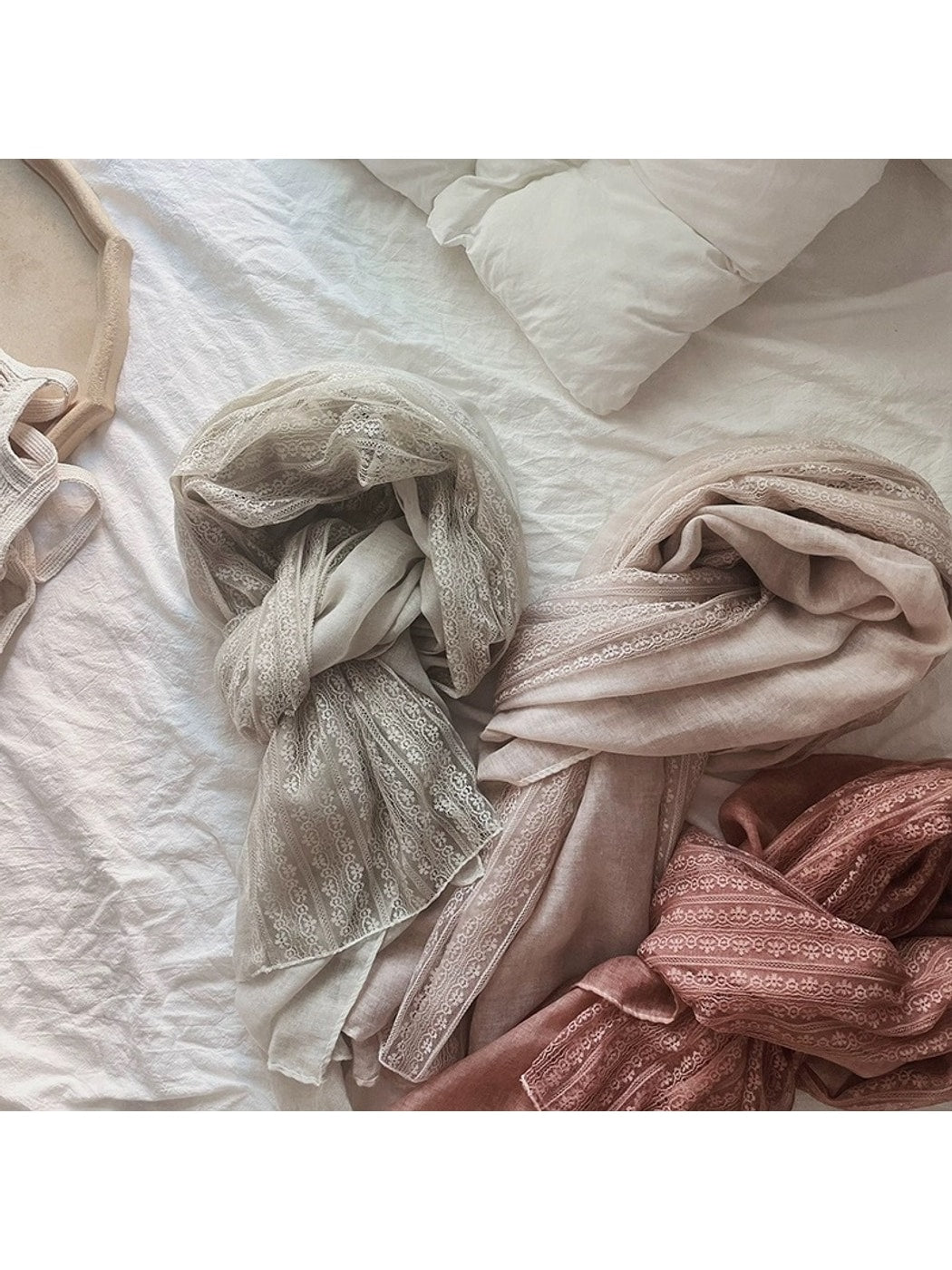 Scarvii - Lace Trim Solid Color Long Fashion Scarf