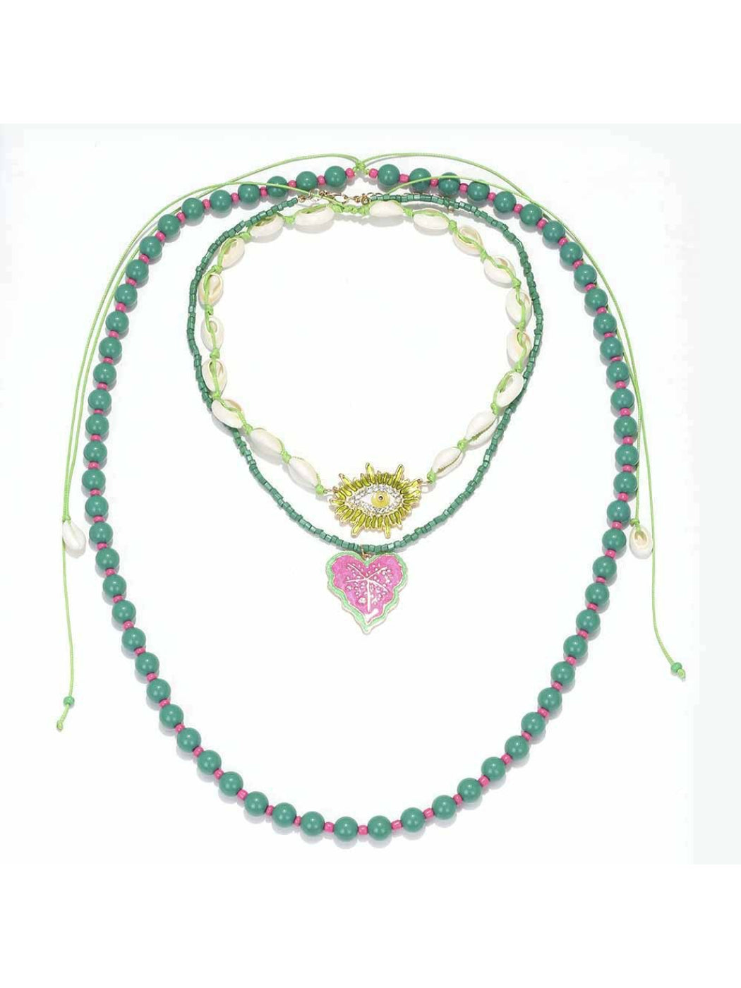 Close-up of Neckit layered beaded necklace featuring a leaf pendant on a white background