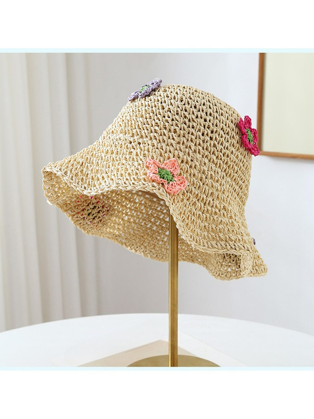 Haila - Wide Brim Floral Accent Summer Bucket Hat