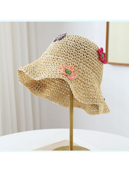Haila - Wide Brim Floral Accent Summer Bucket Hat