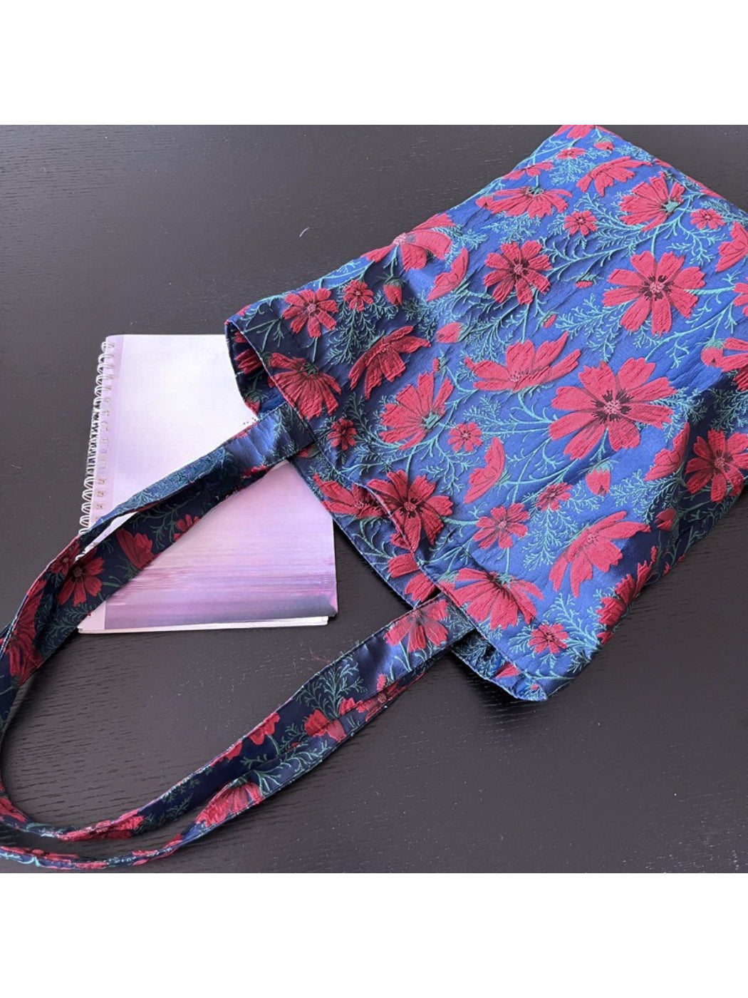 Close-up of Cosbai tote bag showing detailed vintage floral print and sturdy handles