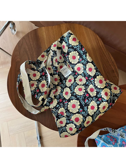 Cosbai - Retro Floral Print Open Top Tote Bag