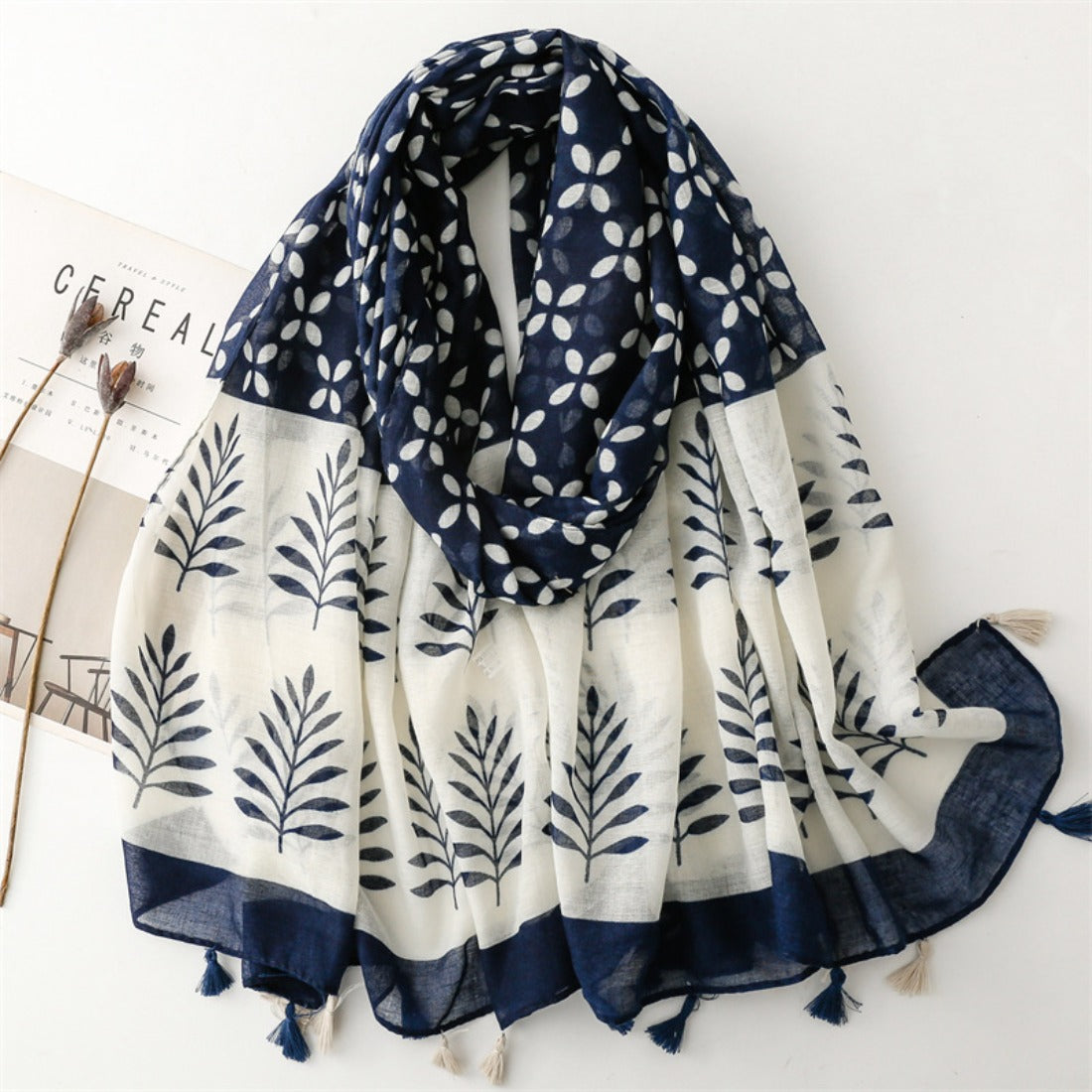 Scarvii - Blue & White Wheat Pattern Bohemian Scarf