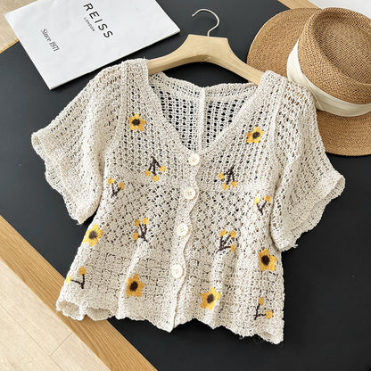 Vintage Floral Hollow Embroidered Thin Knit Cardigan