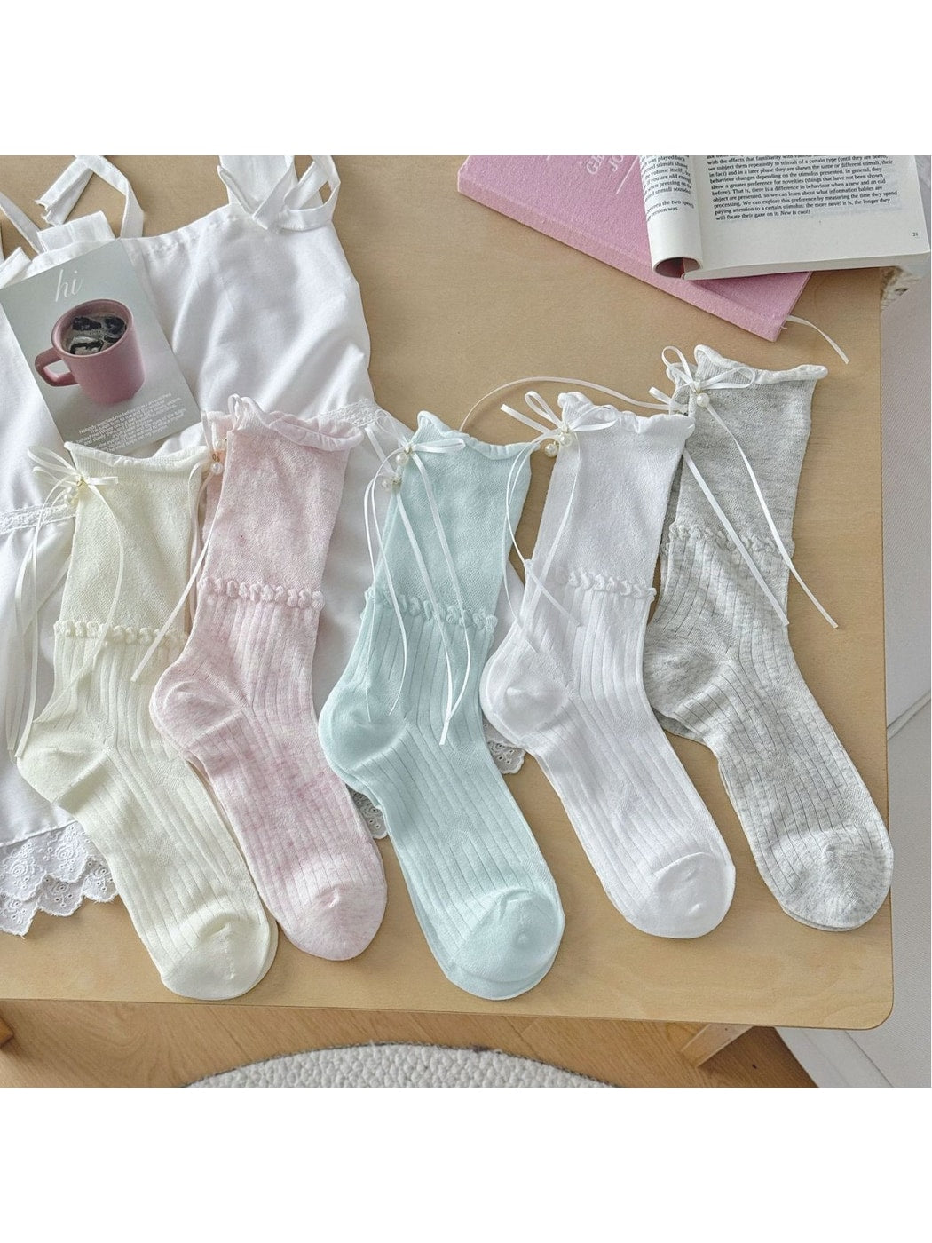 Rufia - Ribbon Bow Detail Rolled Cuffs Crew Socks