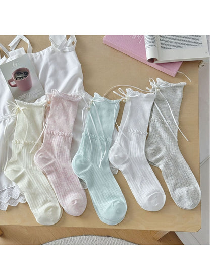 Rufia - Ribbon Bow Detail Rolled Cuffs Crew Socks