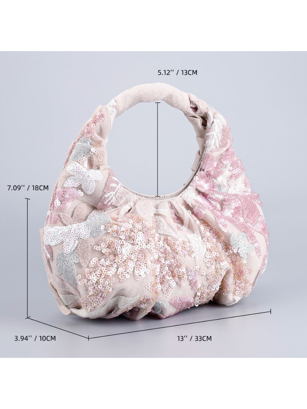Close-up of floral sequin detailing on Cosbai ruched hobo bag