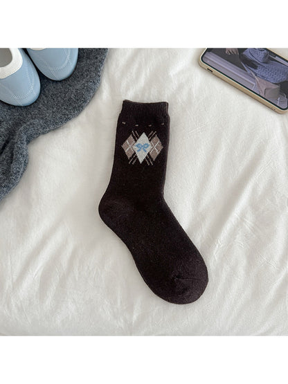 Rufia - Preppy Argyle Bow Pattern Crew Socks