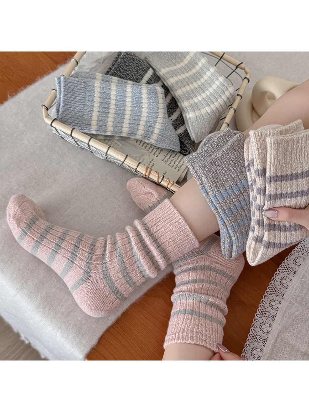 Rufia Cozy Stripe Fuzzy Crew Socks first product image