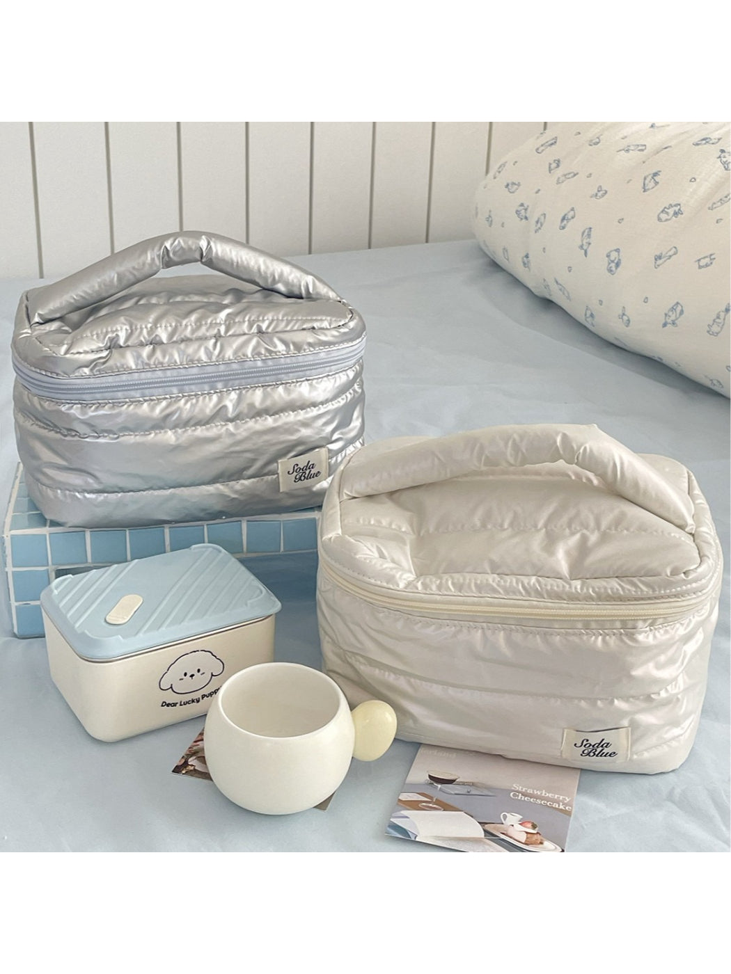Top view of Cosbai quilted makeup bag showing spacious interior