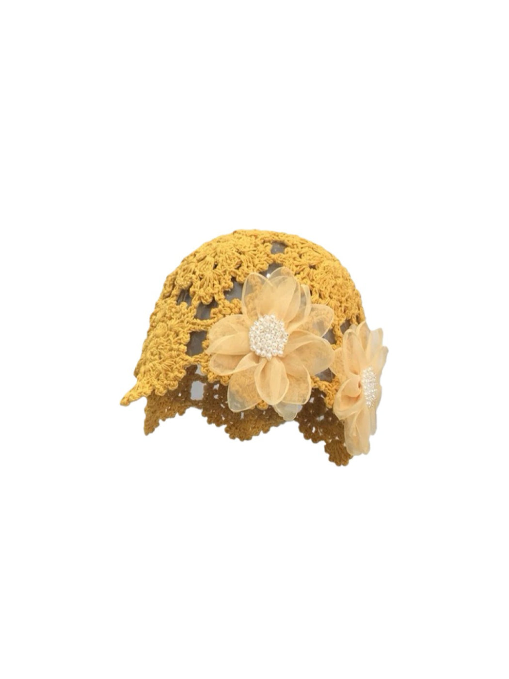 Haila romantic flower detail openwork hat placed on wooden surface for display