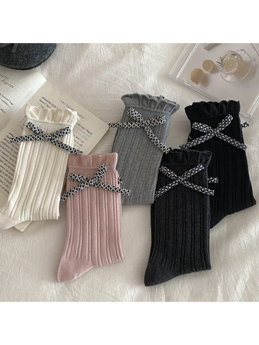 Rufia - Cross Pattern Bow Accent Ribbed Crew Socks
