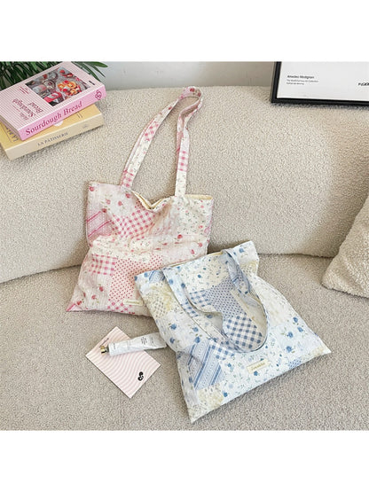 Cosbai Soft Floral Patchwork Shoulder Tote front view with floral and patchwork design