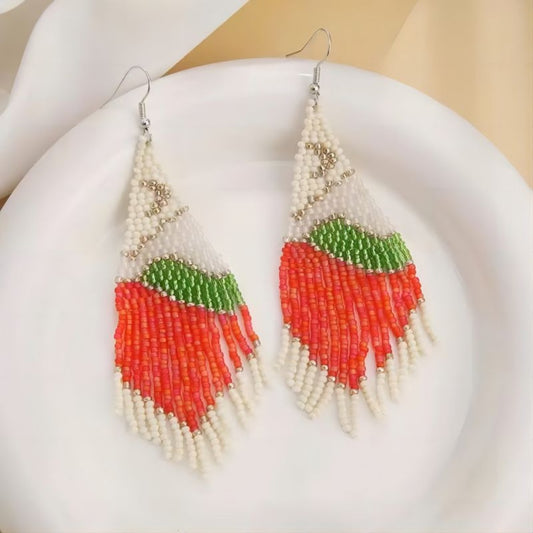 Earwish - Boho Orange & White Beaded Tassel Earrings - Playful & Blod