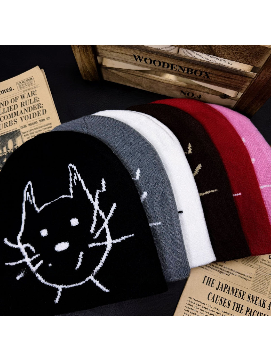 Haila - Cat Face Graphic Knit Slouchy Beanie