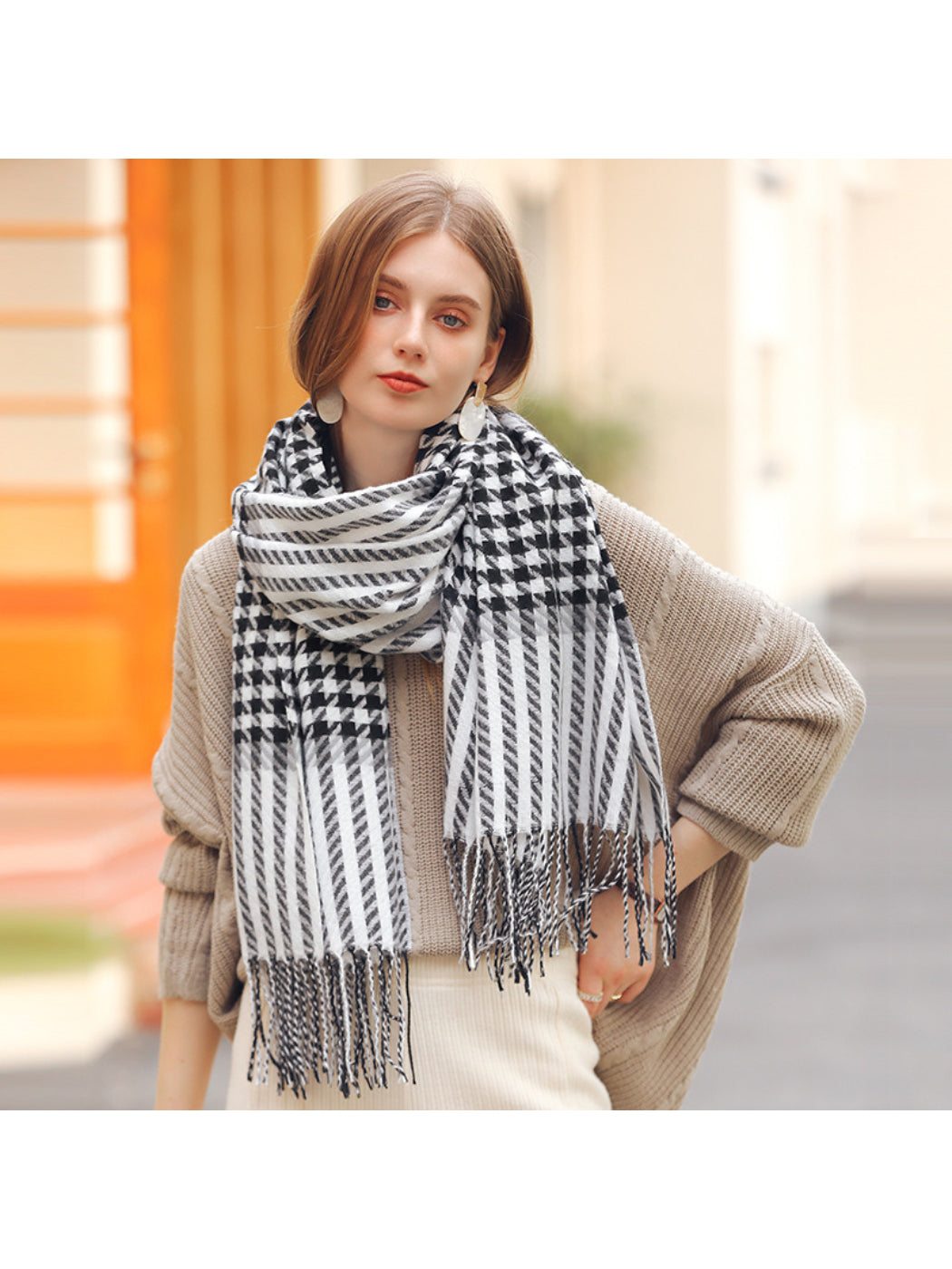 Scarvii - Mixed Houndstooth Plaid Fringe Scarf