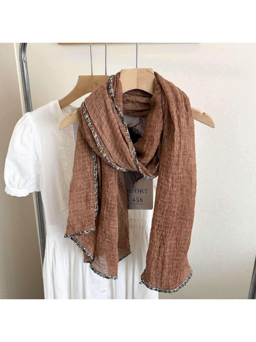 Scarvii - Woven Floral Trim Long Scarf