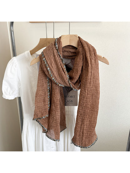 Scarvii - Woven Floral Trim Long Scarf