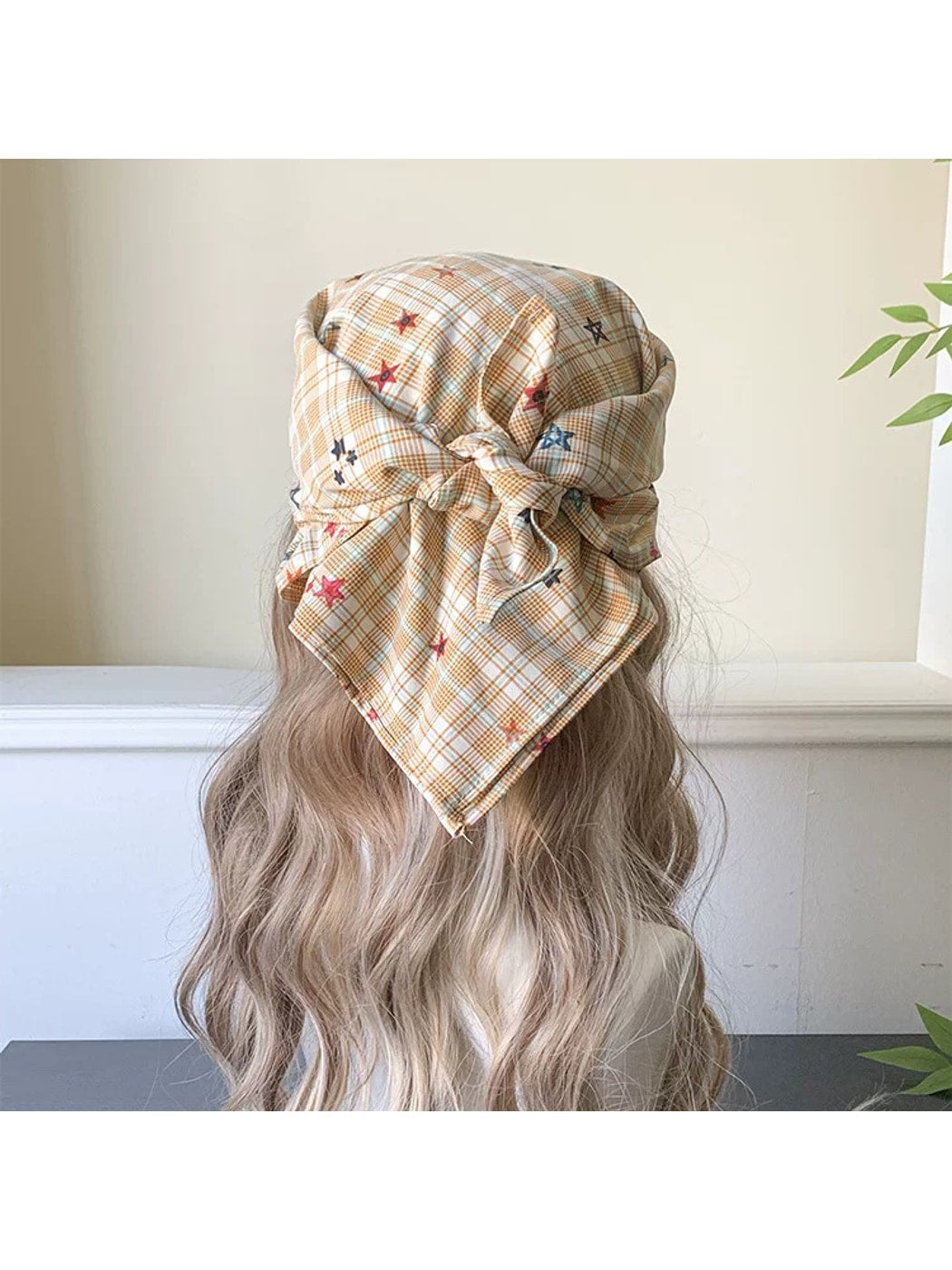 Haila - Plaid Star Pattern Curved Brim Headscarf Cap