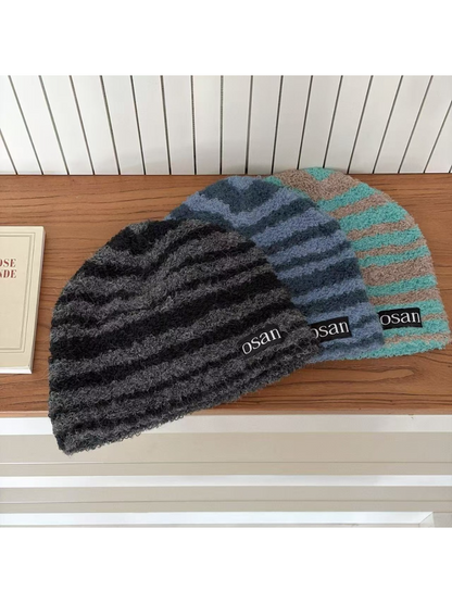 Haila - Fuzzy Textured Stripe Knit Beanie