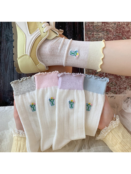 Rufia - Floral Embroidered Ruffle Crew Socks