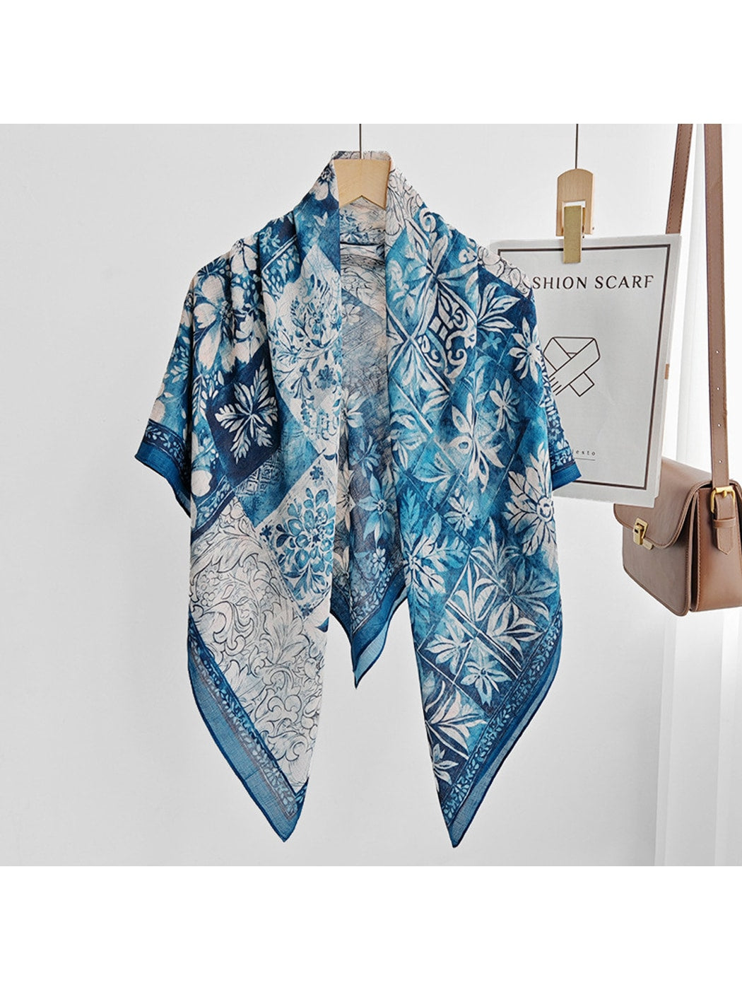 Scarvii - Blue Patchwork Floral Print Square Scarf