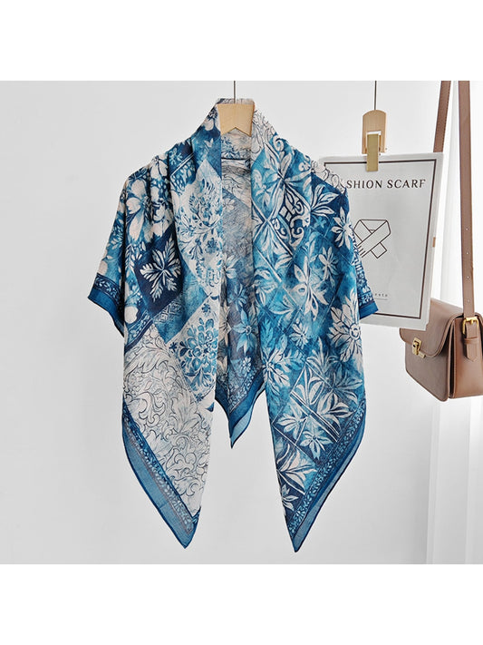 Scarvii - Blue Patchwork Floral Print Square Scarf
