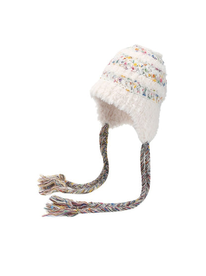 Haila – Plush Knitted Beanie with Colorful Dots & Earflap & Ties