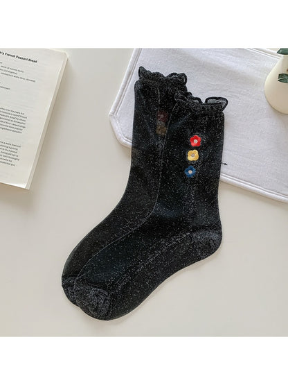 Rufia Sweet Flower Detail Crew Socks styled with casual outfit and visible floral accents