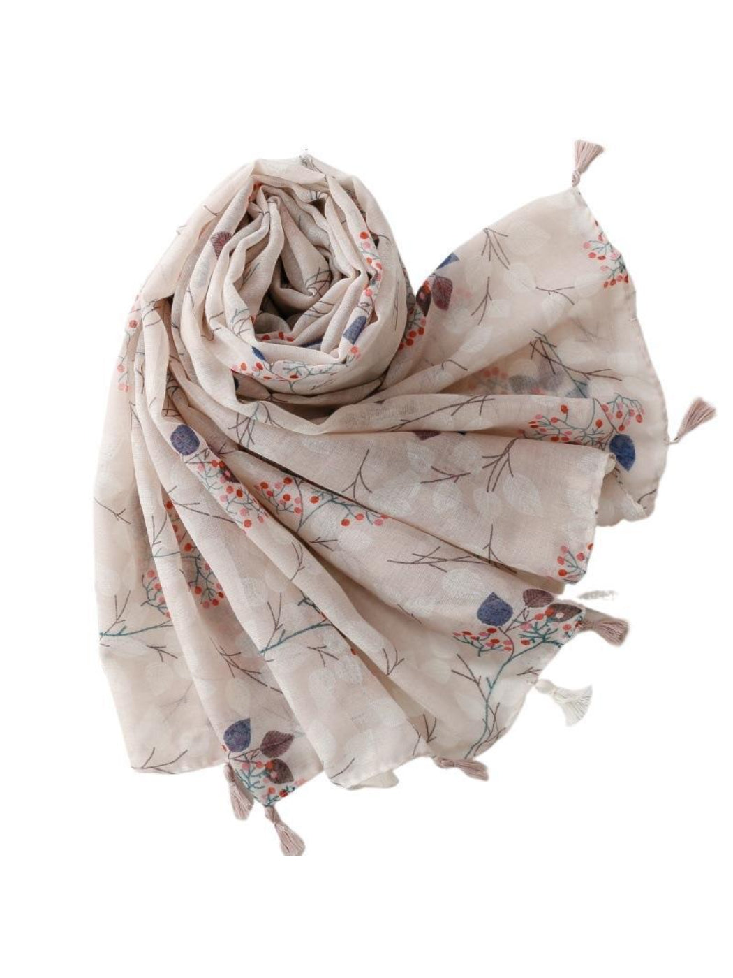 Model wearing the soft botanical print scarf styled around the neck