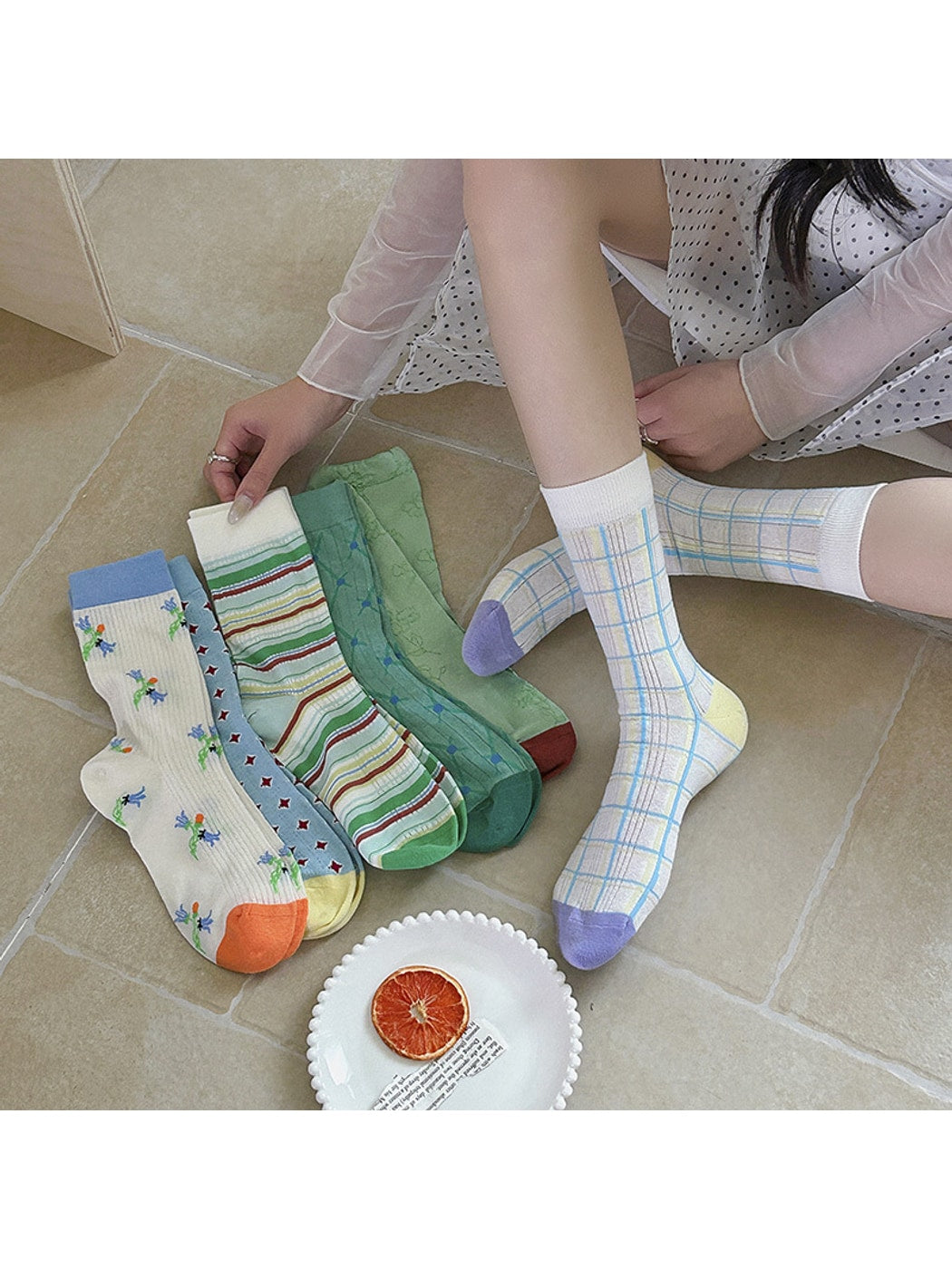 Rufia - Retro Mixed Pattern Casual Crew Socks