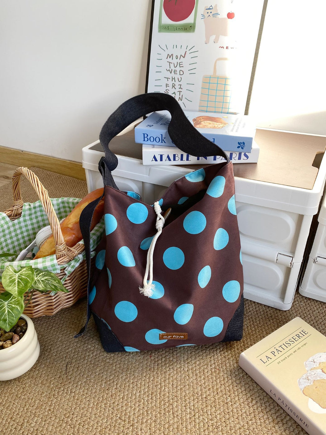 Cosbai polka dot crossbody bag open showing interior lining and spacious
