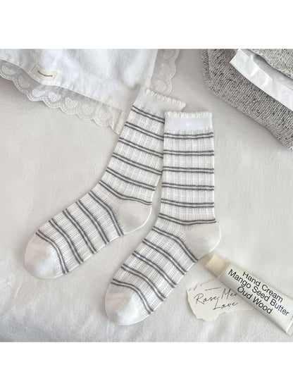 Rufia Romantic Lace Cuff Crew Socks displayed flat showing full length and lace trim