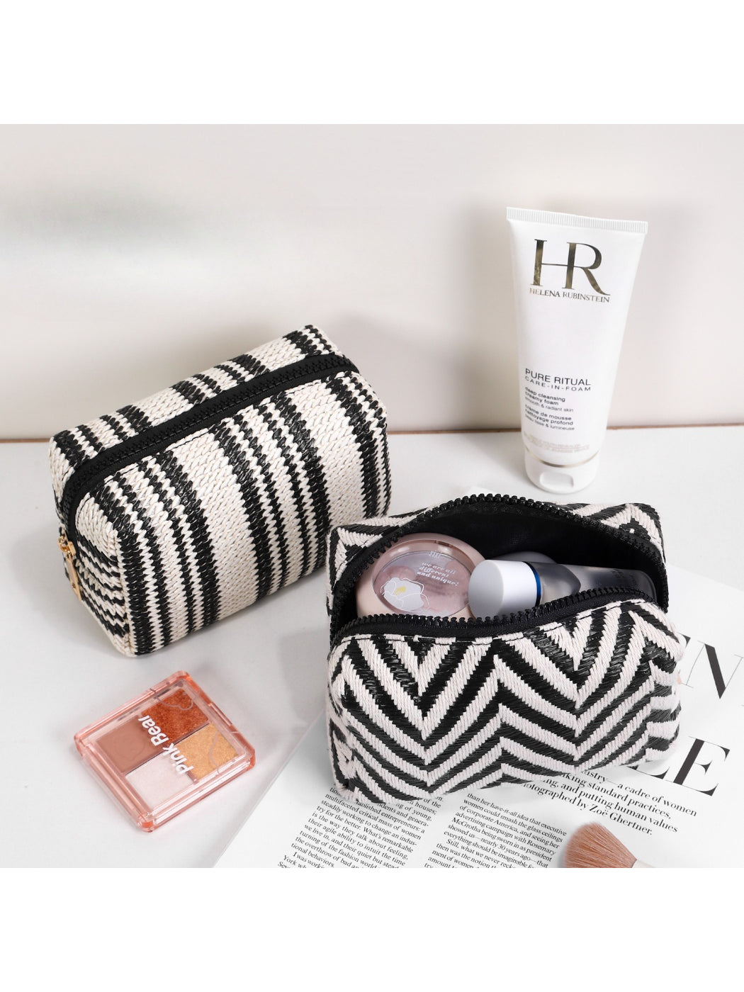 Close-up of Cosbai cosmetic pouch showing detailed zigzag design