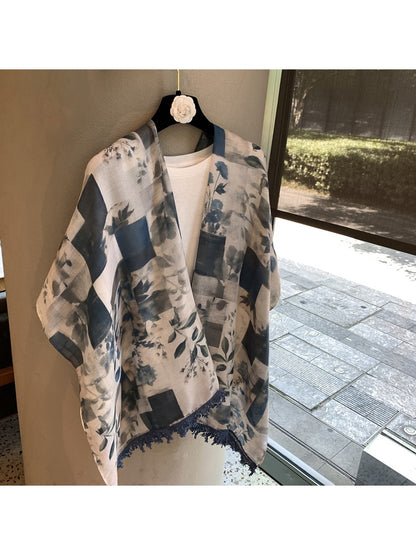 Scarvii - Leaf Print Grid Pattern Shawl