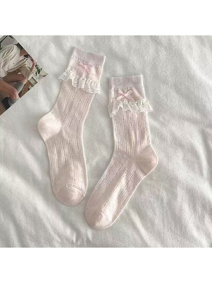 Rufia - Lace Trim Bow Detail Sweet Style Crew Socks